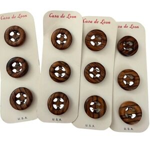 Casa de Leon Vintage Wood Grain Buttons Made in USA Brown Round 4-Hole 12pc Set